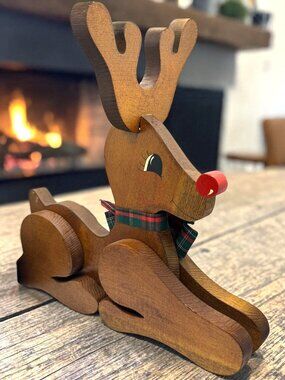 Handcrafted Wooden Rustic Reindeer Décor With Red Nose & Plaid Bow